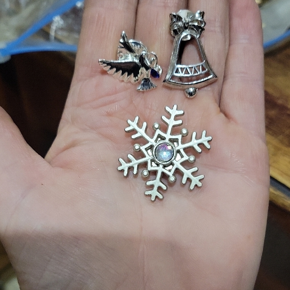 Silver Snowflake, Bell and Angel Pins